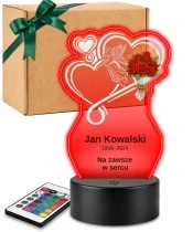Personalizowana lampka pamięci LED – Światło pamięci – Anioł, dwa serca i bukiet róż — widok 1