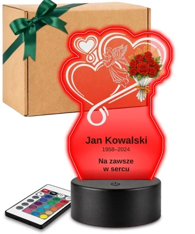 Personalizowana lampka pamięci LED – Światło pamięci – Anioł, dwa serca i bukiet róż — widok 1
