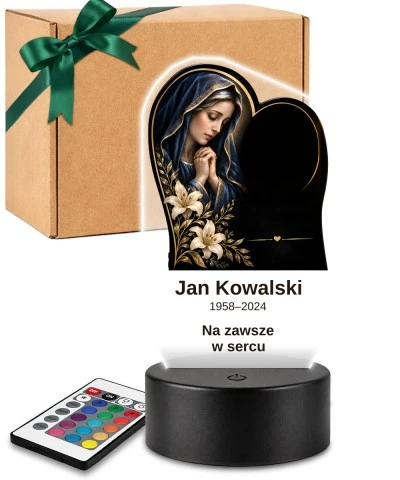 Personalizowana lampka pamięci LED – Światło pamięci – Maryja w sercu z liliami — widok 1