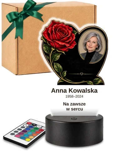 Personalizowana lampka pamięci LED – Światło pamięci – Czerwona róża i zdjęcie w sercu — widok 1