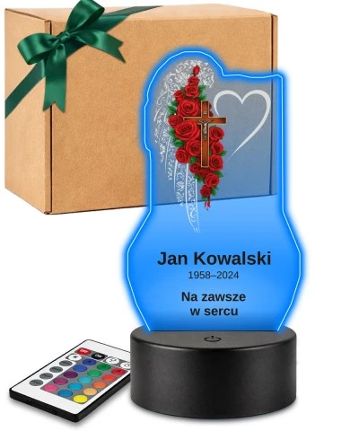 Personalizowana lampka pamięci LED – Światło pamięci – Skrzydło, krzyż i czerwone róże — widok 1