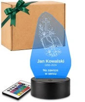 Personalizowana lampka pamięci LED – Światło pamięci – Modlitewnik, krzyż i lilie — widok 1