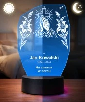 Personalizowana lampka pamięci LED – Światło pamięci – Dłonie w modlitwie i lilie — widok 3