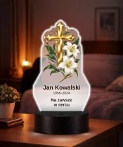 Personalizowana lampka pamięci LED – Światło pamięci – Złoty krzyż i białe lilie — widok 2