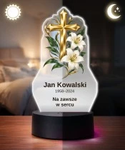 Personalizowana lampka pamięci LED – Światło pamięci – Złoty krzyż i białe lilie — widok 3