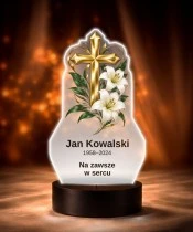 Personalizowana lampka pamięci LED – Światło pamięci – Złoty krzyż i białe lilie — widok 6