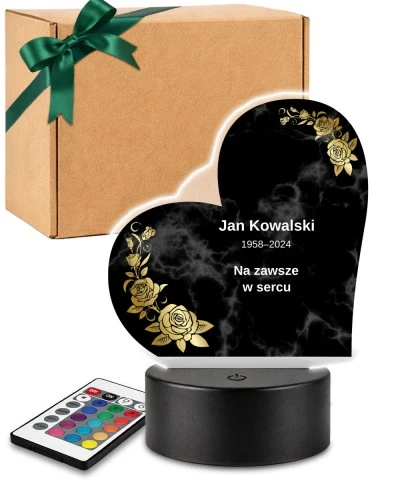 Personalizowana lampka pamięci LED – Światło pamięci – Marmurowe serce ze złotymi różami — widok 1