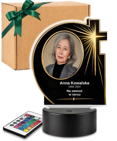Personalizowana lampka pamięci LED – Światło pamięci – Krzyż w blasku ze zdjęciem — widok 1