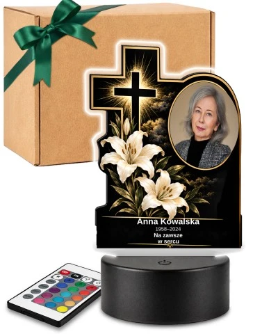 Personalizowana lampka pamięci LED – Światło pamięci – Krzyż z liliami i zdjęciem — widok 1