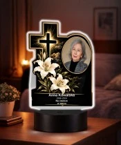 Personalizowana lampka pamięci LED – Światło pamięci – Krzyż z liliami i zdjęciem — widok 2