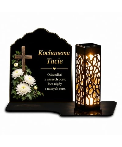 Znicz solarny – Krzyż wśród chryzantem - widok główny
