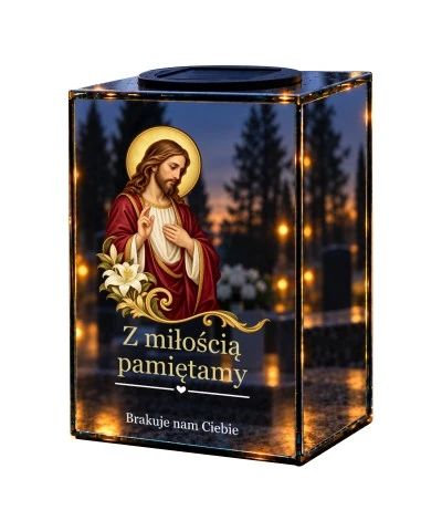 Znicz lustrzany solarny LED – Jezus z liliami