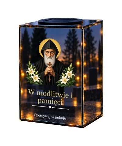 Znicz lustrzany solarny LED – Święty Charbel - widok główny