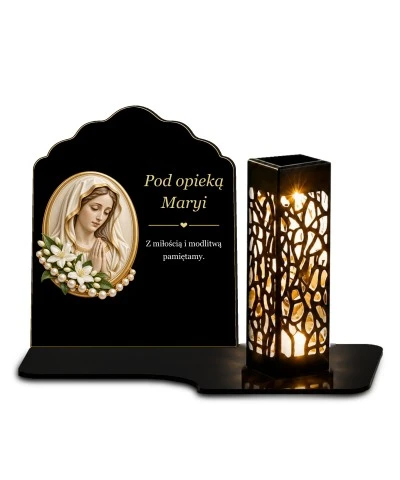 Znicz solarny z tabliczką i lampionem – Madonna w perłowym medalionie - widok główny