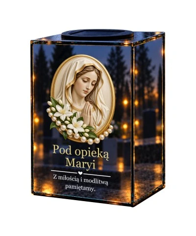 Znicz lustrzany solarny LED – Madonna w perłowym medalionie - widok główny