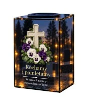 Znicz lustrzany solarny LED – Bratki przy kamiennym krzyżu - widok główny