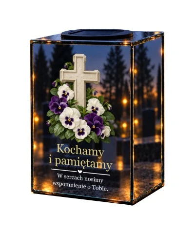 Znicz lustrzany solarny LED – Bratki przy kamiennym krzyżu - widok główny