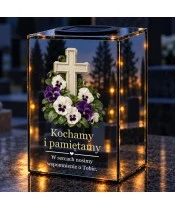 Znicz lustrzany solarny LED – Bratki przy kamiennym krzyżu - widok produktu
