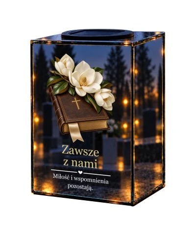 Znicz lustrzany solarny LED – Magnolie i modlitewnik - widok główny