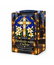 Znicz lustrzany solarny LED – Krzyż wśród białych lilii w witrażu - widok główny