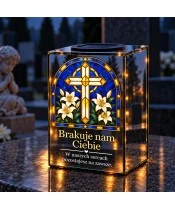 Znicz lustrzany solarny LED – Krzyż wśród białych lilii w witrażu - widok produktu