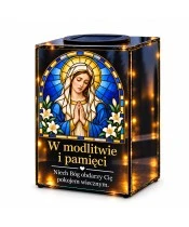 Znicz lustrzany solarny LED – Maryja w modlitwie w witrażu - widok główny