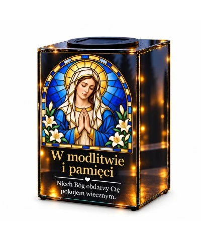 Znicz lustrzany solarny LED – Maryja w modlitwie w witrażu - widok główny