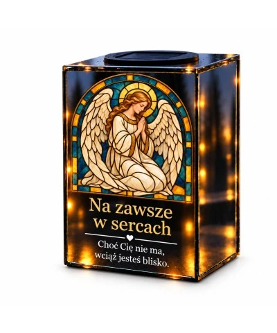 Znicz lustrzany solarny LED – Anioł cichej modlitwy w witrażu - widok główny