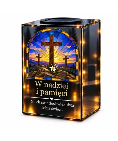 Znicz lustrzany solarny LED – Krzyże na Golgocie w witrażu - widok główny
