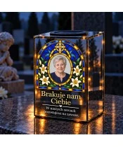 Znicz lustrzany solarny LED ze zdjęciem – Krzyż i białe lilie w witrażu - widok produktu