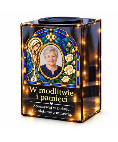 Znicz lustrzany solarny LED ze zdjęciem – Pod opieką Maryi w witrażu - widok główny