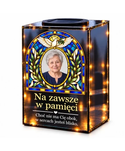 Znicz lustrzany solarny LED ze zdjęciem – Gołąb pokoju w witrażu - widok główny