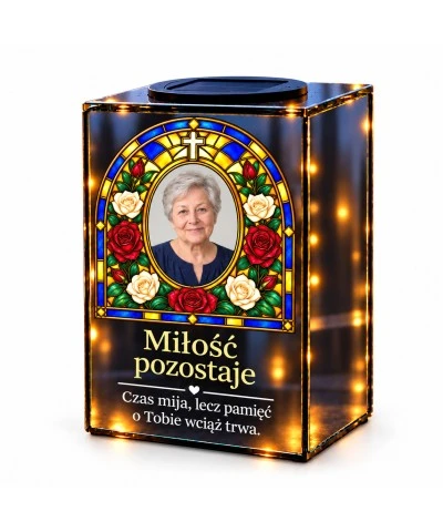 Znicz lustrzany solarny LED ze zdjęciem – Róże wiecznej pamięci w witrażu - widok główny