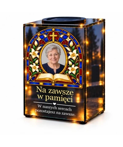 Znicz lustrzany solarny LED ze zdjęciem – Księga pamięci w witrażu - widok główny