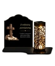 Znicz solarny z tabliczką i lampionem – Krzyż i różaniec - widok główny