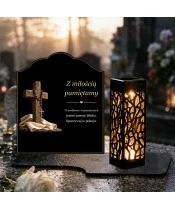 Znicz solarny z tabliczką i lampionem – Krzyż i różaniec - widok produktu