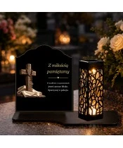 Znicz solarny z tabliczką i lampionem – Krzyż i różaniec - widok produktu