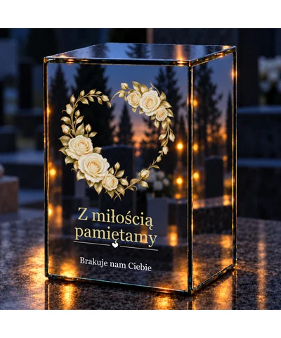 Znicz lustrzany LED – Serce z róż - noc na grobie