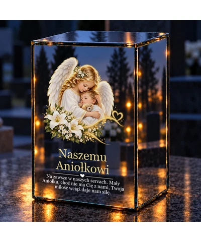 Znicz lustrzany LED – Anioł tulący dziecko - noc na grobie