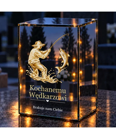 Znicz lustrzany LED – Wędkarz z rybą - noc na grobie