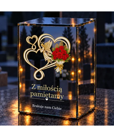 Znicz lustrzany LED – Serca, anioł i róże - noc na grobie