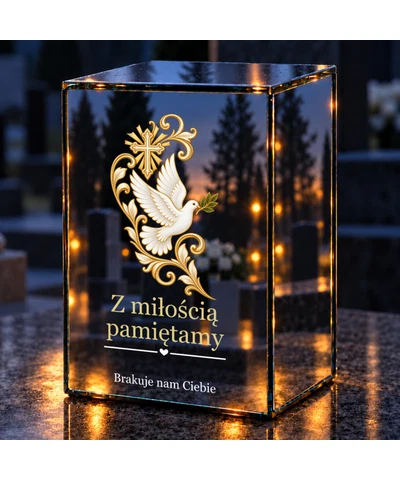 Znicz lustrzany LED – Gołąb pokoju i krzyż - noc na grobie