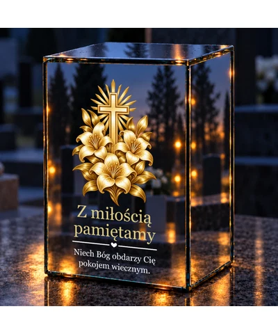 Znicz lustrzany LED – Krzyż w złotych kwiatach - noc na grobie