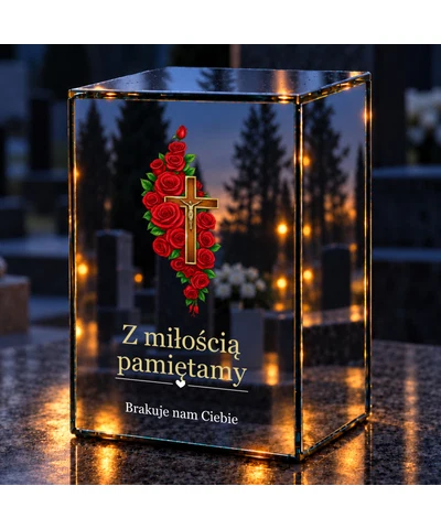 Znicz lustrzany LED – Krzyż z czerwonymi różami - noc na grobie