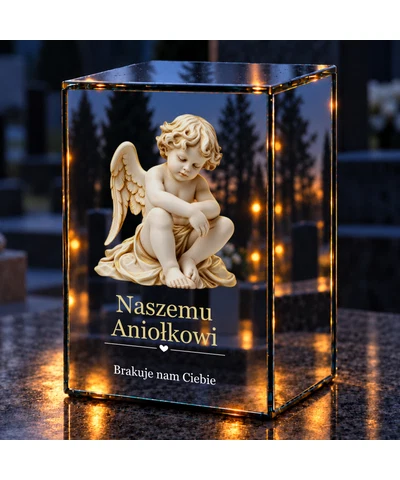 Znicz lustrzany LED – Zamyślony biały aniołek - noc na grobie