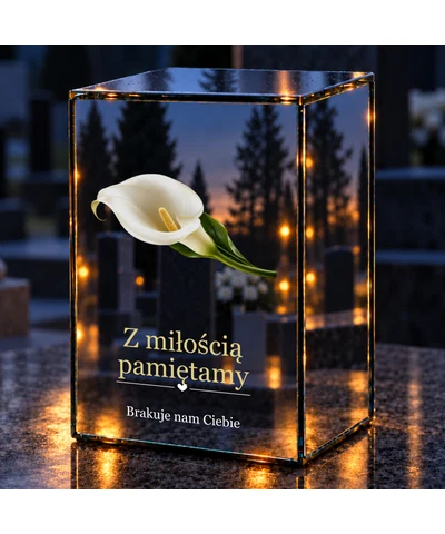 Znicz lustrzany LED – Biała kalia pamięci - noc na grobie