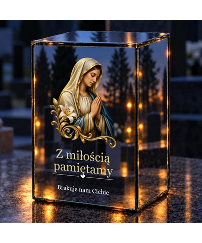 Znicz lustrzany LED – Maryja w złotym welonie - noc na grobie