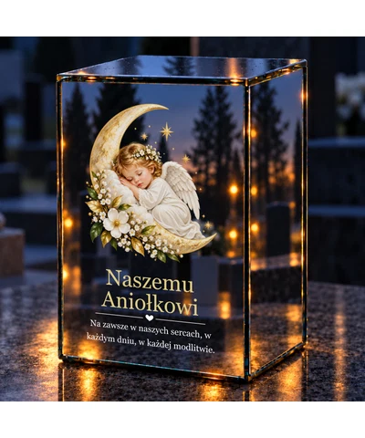 Znicz lustrzany LED – Śpiący aniołek na księżycu - noc na grobie