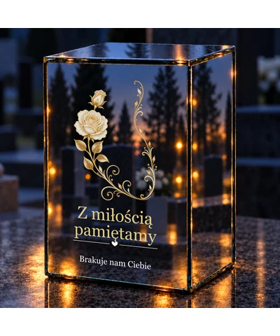 Znicz lustrzany LED – Białe róże i złoty ornament - noc na grobie