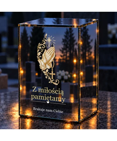 Znicz lustrzany LED – Dłonie z różańcem i krzyżem - noc na grobie